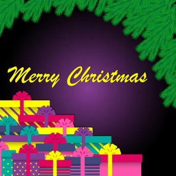 Christmas tree branches and gift boxes. Minimalistic design Christmas card. V Illustrazione stock