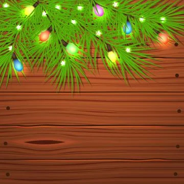 Christmas tree branches and light bulb on wooden. Stock Illustration