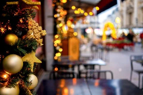 Christmas Tree Branches And Lights Shining Bright Stock Photos