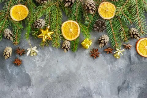 Christmas tree branches on black background as template for a christmas card Stock Photos