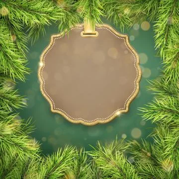 Christmas tree branches border abd label with space for text. EPS 10 Stock Illustration