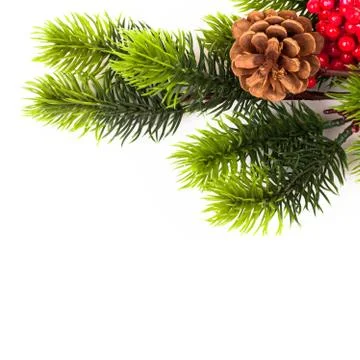 Christmas tree branches border over white Stock Photos