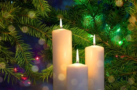 Christmas tree branches in bright lights.  New Year color background Photos