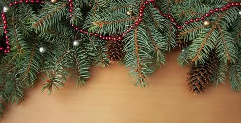 Christmas tree branches, cones and pink beads on a wooden texture Stock Photos
