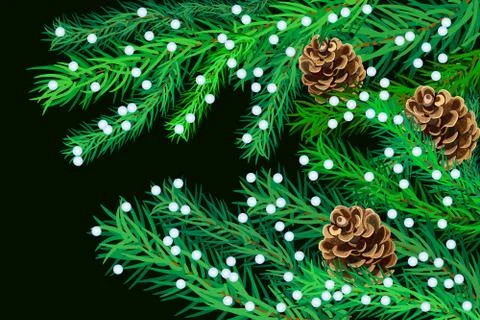Christmas tree branches with cones on dark background. Stock Illustration