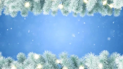 Christmas tree branches decorated with light bulbs and falling snowflakes Stock Footage 141979427
