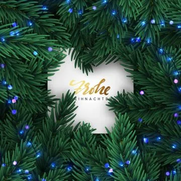 Christmas tree branches. Frame of green branch of pine and gold string garlan Stock Illustration