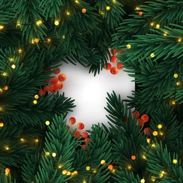 Christmas tree branches. Frame of green branch of pine and gold string garl.. Stock Illustration