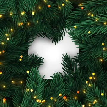 Christmas tree branches. Frame of green branch of pine and gold string garl.. Stock Illustration