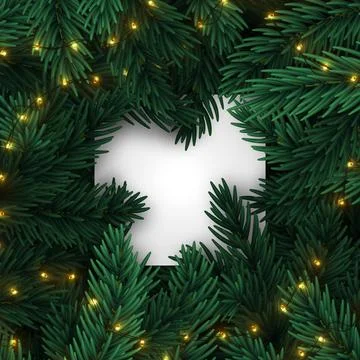 Christmas tree branches. Frame of green branch of pine and gold string garl.. Stock Illustration
