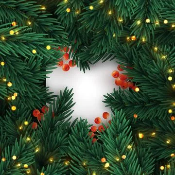Christmas tree branches. Frame of green branch of pine and gold string garlan Stock Illustration