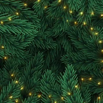 Christmas tree branches. Frame of green branch of pine and gold string garl.. Stock Illustration