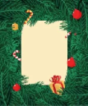 Christmas tree branches Frame pixel art. Xmas Background branch of pine 8bit. Illustrazione stock