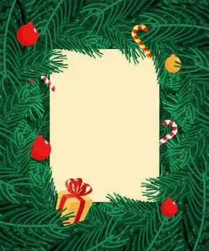 Christmas tree branches Frame. Xmas Background branch of pine. New Year backd Stock Illustration
