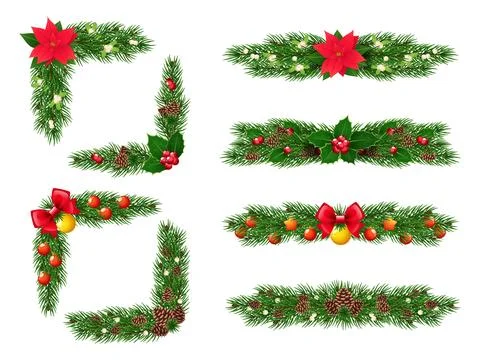 Christmas tree branches garlands. Pine needles, festive evergreen twigs Stock Illustration