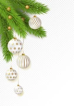 Christmas tree branches with hanging gold and white balls on transparent Stock Illustration