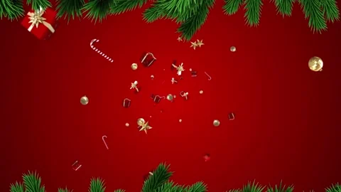 Christmas tree branches over christmas gifts, bauble and candy cane icons Stock Footage 161473435