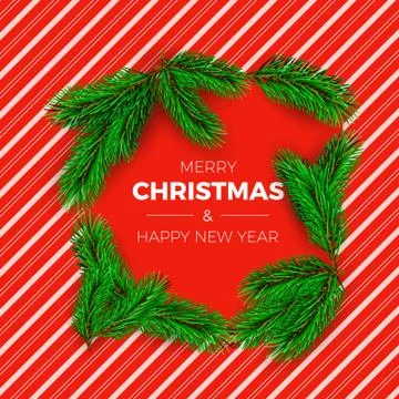 Christmas tree branches on red candy background with white stripes. New Year  Stock Illustration