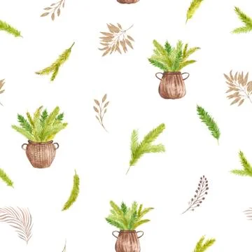 Christmas tree branches seamless pattern on white background Watercolor Illustrazione stock