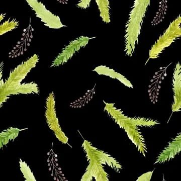 Christmas tree branches seamless pattern on black background Watercolor Stock Illustration