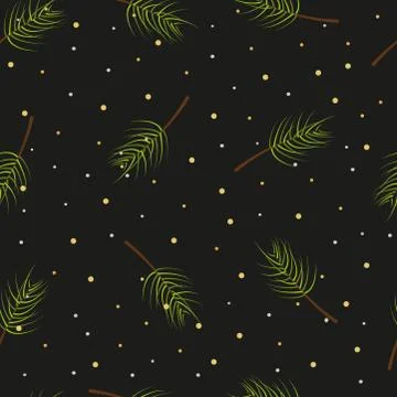 Christmas tree branches seamless pattern on black background, vector. Illustrazione stock