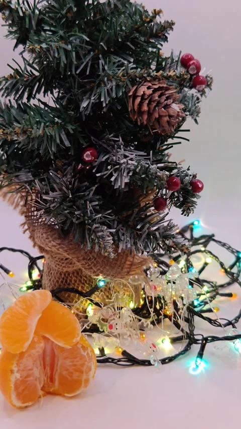 Christmas tree with bright multi-colored lights and tangerine decor Stock-Footage 322675005