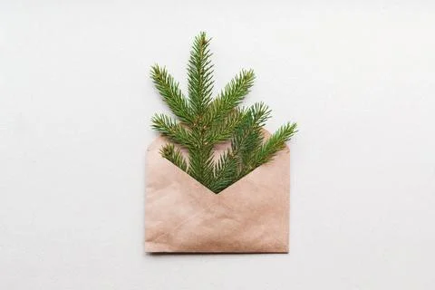 Christmas tree in brown paper envelope on recycled cardboard background, pl.. Stock Photos