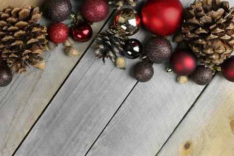 Christmas Tree Bulbe Decorations Frame Rustic Wood Background Stock Photos