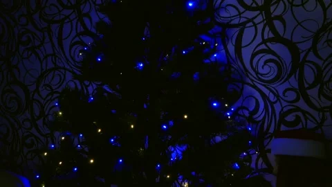 A Christmas tree is burning in a dark room. Vídeos de archivo 259699761