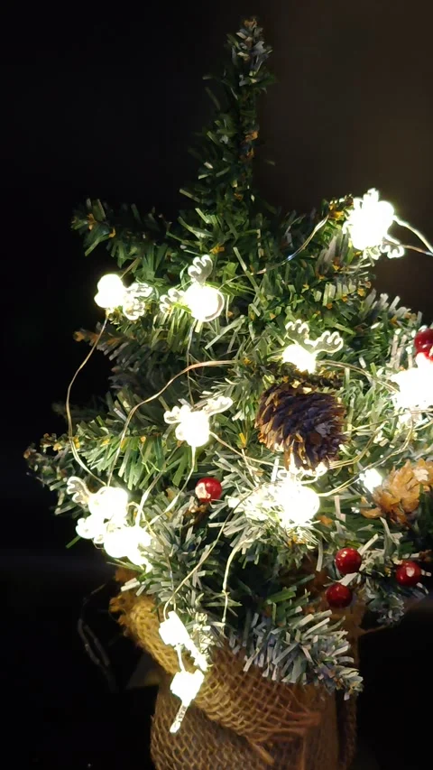 Christmas tree with burning lights on a dark background is spinning Video stock 323760839