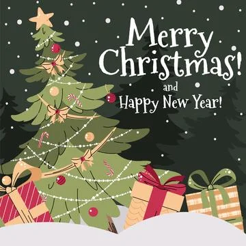 Christmas Tree Card with Decorations Flat Design. Festive Holiday Poster Stock Illustration