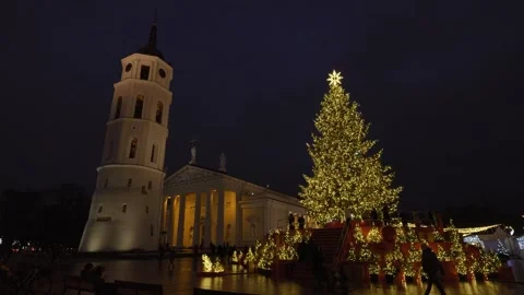 Christmas tree in Cathedral Square in Vilnius, Lithuania Stock Footage 323865501