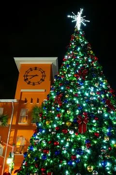 Christmas Tree with Clock Tower at Night in Celebration Florida Stock Photos