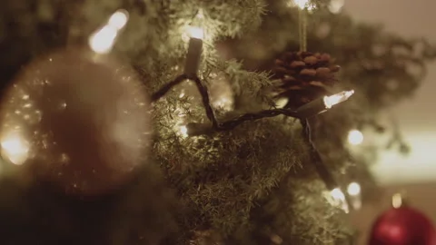 Christmas Tree Close Up Decorations And Bright White Lights Stock Footage 172264498
