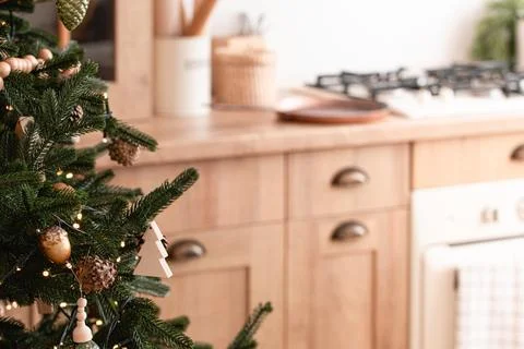 Christmas tree close-up on kitchen copy space Foto stock