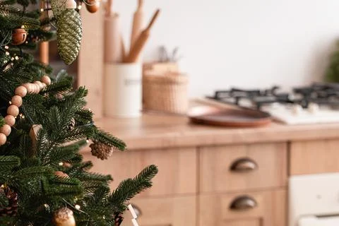 Christmas tree close-up on kitchen copy space Stock Photos