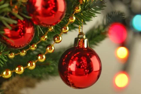 Christmas tree close-up, spruce branches with red balls Stock Photos