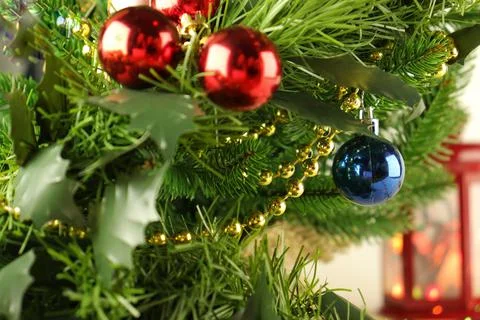 Christmas tree close-up, spruce branches with red balls Stock Photos