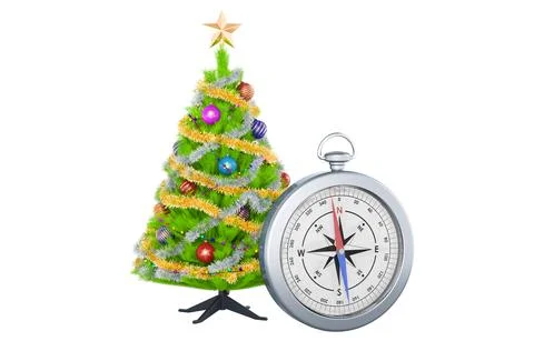 Christmas tree with compass, 3D rendering Illustrazione stock