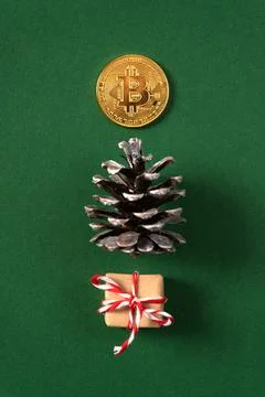 Christmas tree concept made of pine cones, gift and bitcoin coin Stock Photos