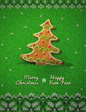 Christmas tree cookie on knitted background Illustrazione stock