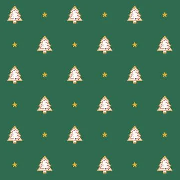 Christmas tree cookie seamless pattern with gold stars on green background, iced Stock Illustration