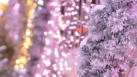 Christmas tree covered with snow. In the background are colored garlands. Out of Video stock 99865832
