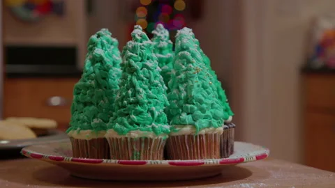 Christmas Tree Cupcakes with Cookies 3 Stock Footage 142150341