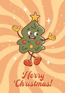 The Christmas tree is dancing and laughing. Cute character in old retro cartoon Stock Illustration