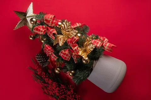 Christmas tree decor red background Stock Photos