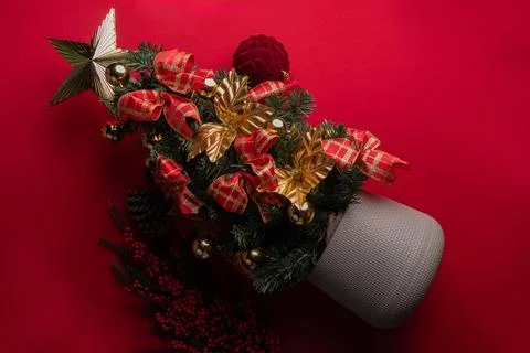 Christmas tree decor on red Stock Photos