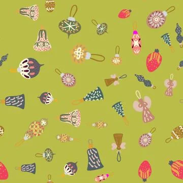 Christmas tree decor seamless pattern on bright green background Stock Illustration