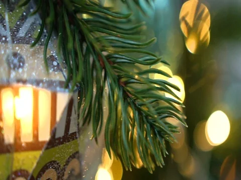 Christmas tree decorated with christmas tree toys and shining lights, close-up Video stock 83566525
