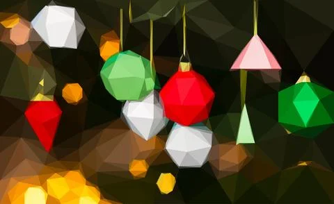 Christmas tree decorated with colotful low poly toys, balls on a blurred, s.. Stock Illustration